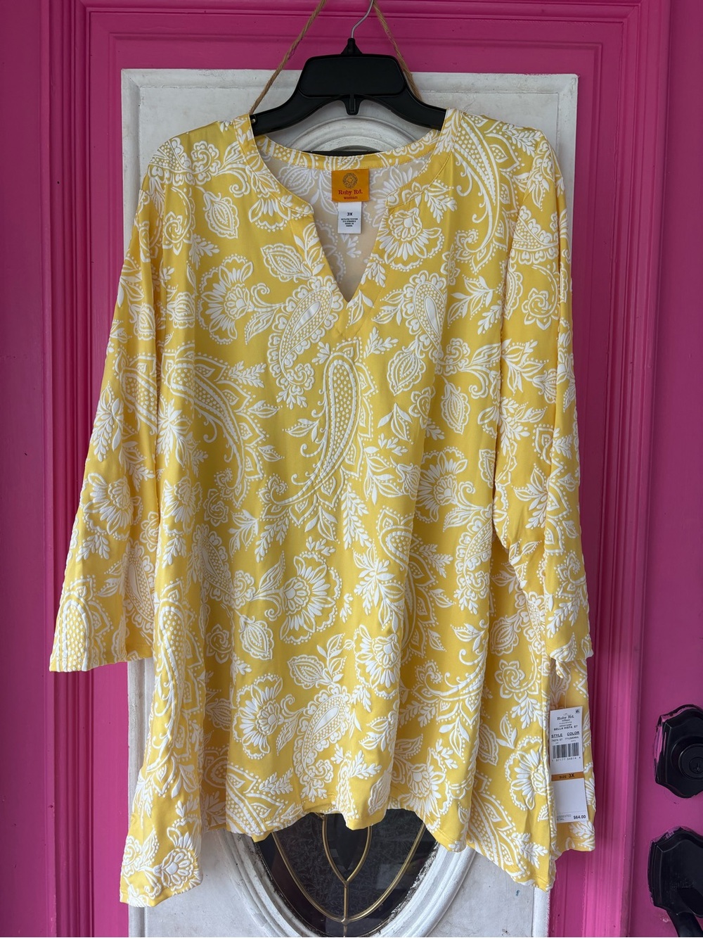 Ruby Rd. Yellow Paisley Split V-Neck Blouse - Picture 3 of 9
